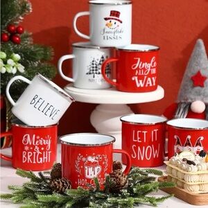 Festive Red and White Holiday Mugs for Cocoa, Espresso or Coffee